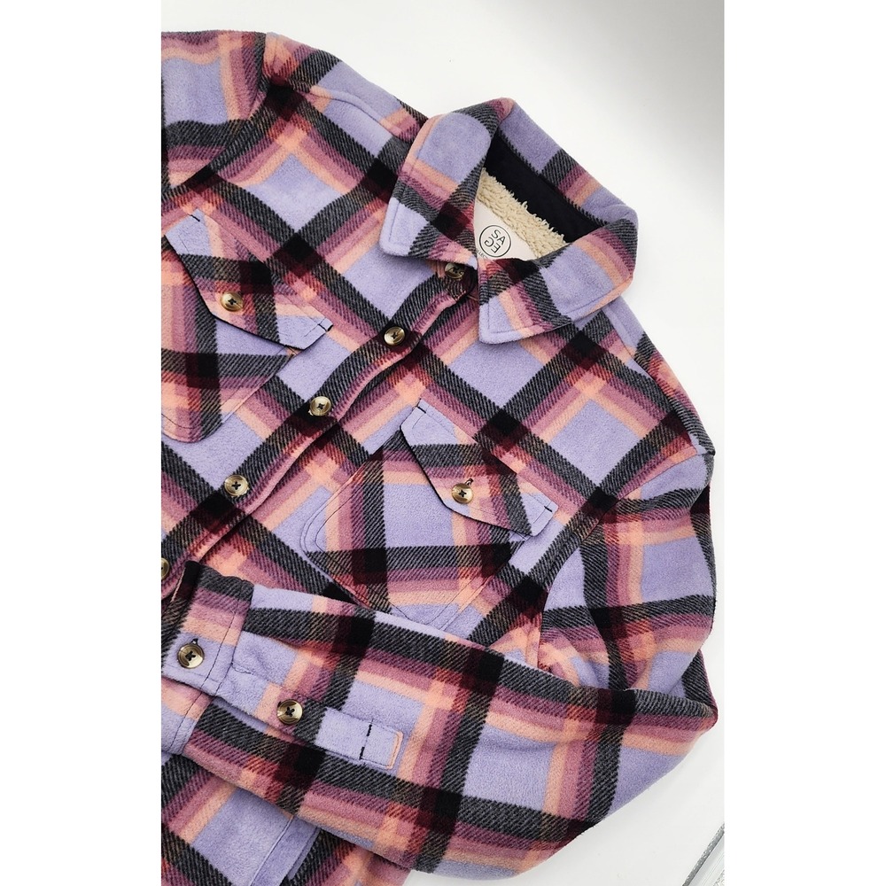 Sage Collective Fleece Shacket Women Medium Purple Plaid Faux Fur Lined M EXC